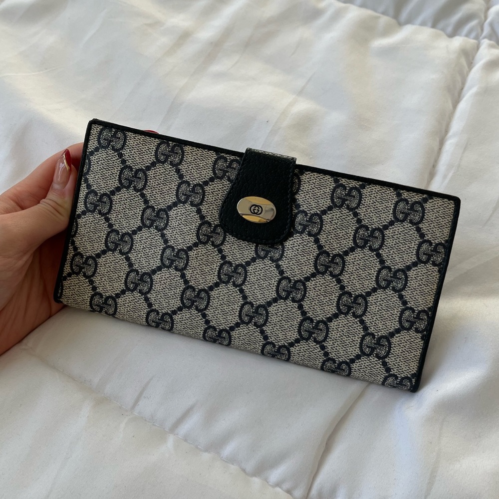 Vintage Gucci Bifold Long Wallet Blue Canvas